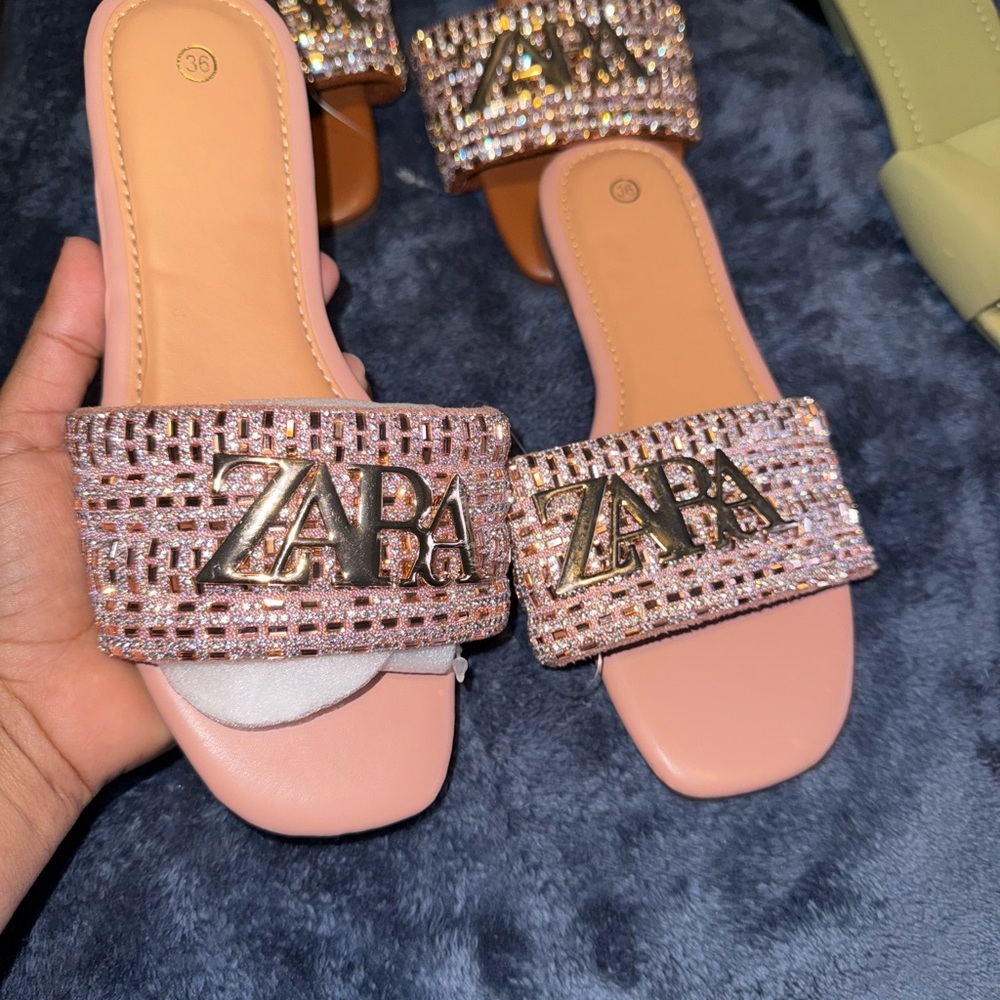 Zara Pink Embellished Slide Sandals